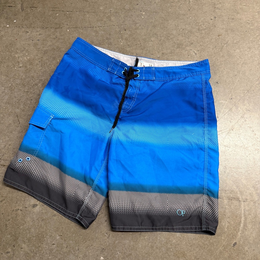 Ocean Pacific Mens Blue Gradient Board Shorts Swim Trunks Size 38 Cargo Pocket